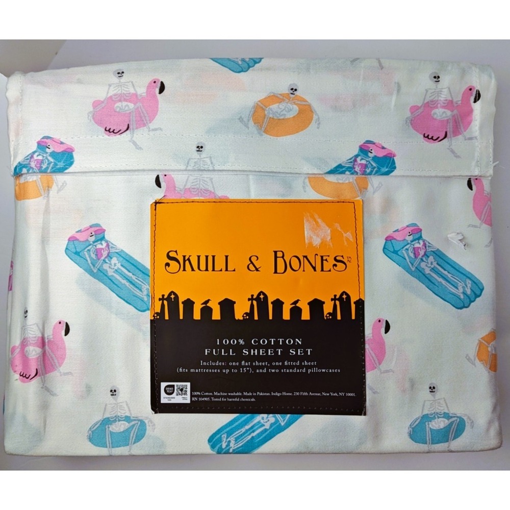Skull & Bones Full Sheet Set New Skeleton Flamingo Pool Float 100% Cotton 4pc